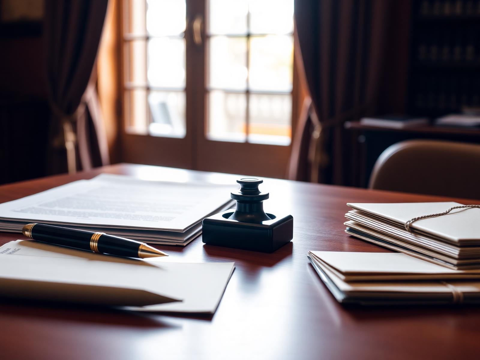 Bureau feutré : documents juridiques, plume et cachet
